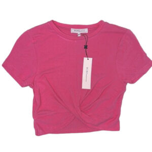BCBGeneration Hot Pink Ribbed Cross Twist Front Crop T-Shirt Top - X Small, NWT
